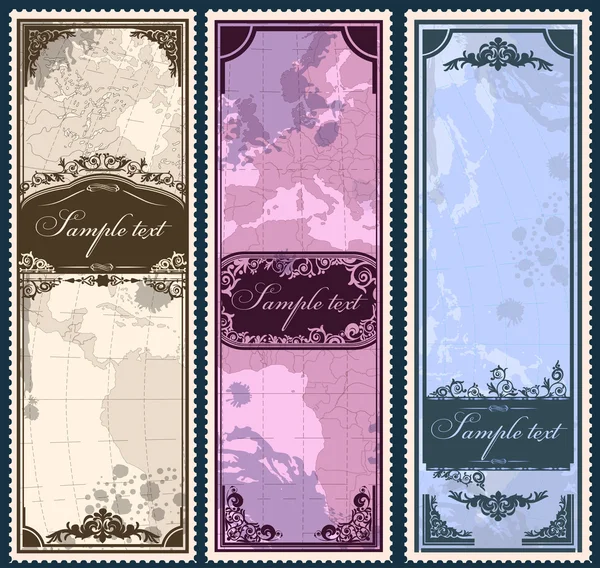 Set of three vintage bookmarks with map parts — Stock Vector