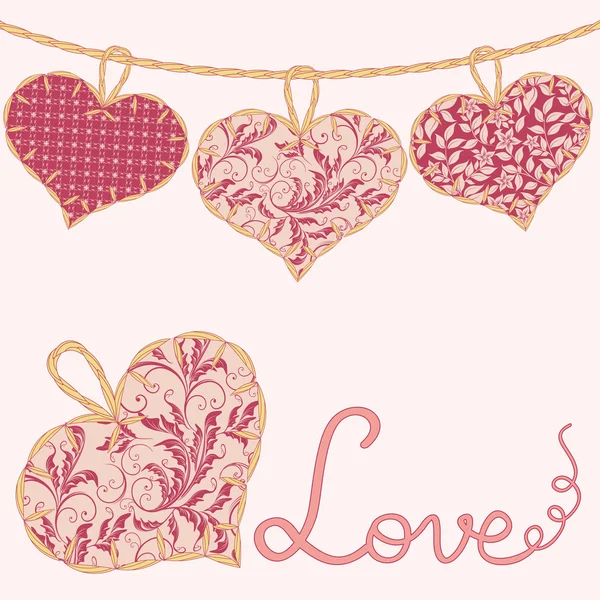 El yapımı Tekstil kalpleri ile Sevgililer günü kartı — Stok Vektör