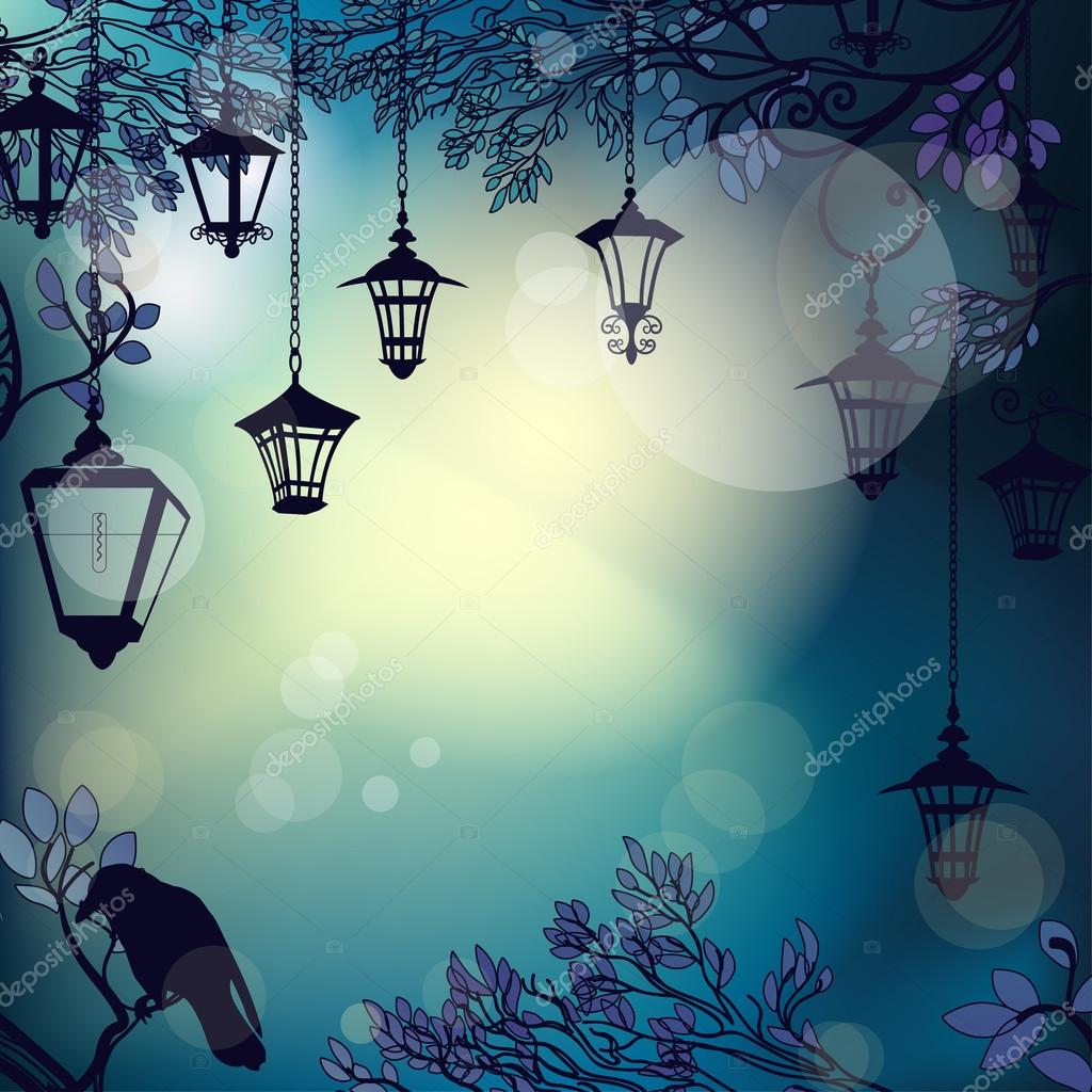 Fondo místico nocturno con ramas de árboles y linternas Stock Vector by