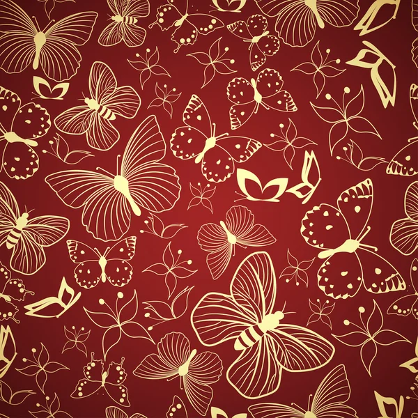 Patrón rojo sin costuras con mariposas estilizadas — Vector de stock