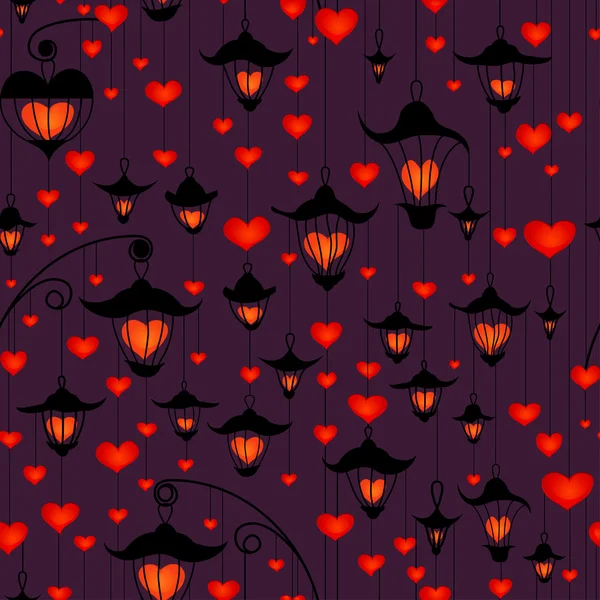 Papel de parede sem costura com lanternas e coração para o dia dos namorados — Vetor de Stock