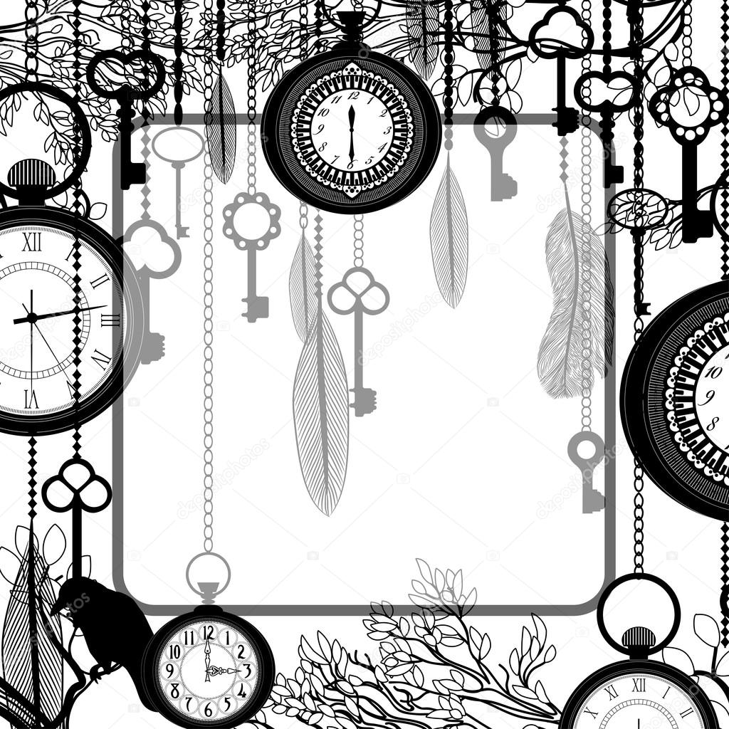 Black and white background with tree branches and antique clocks and keys
