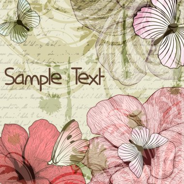 Grungy retro background with flowers and butterflies clipart