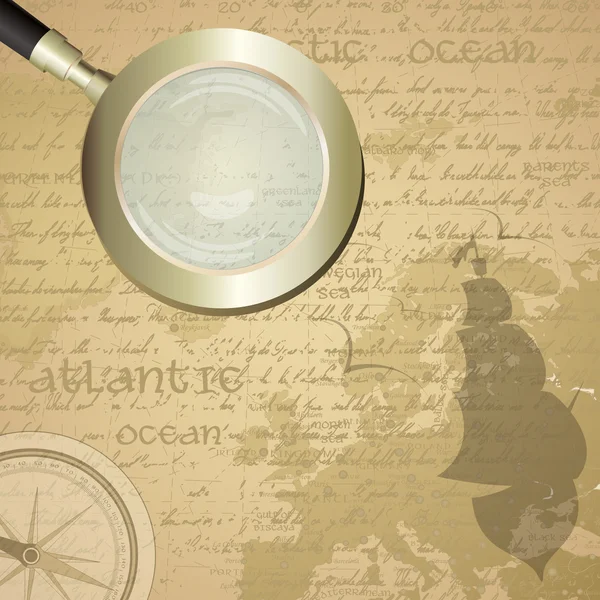 Antique sailor background with old grungy map and magnifying glass — Stock Vector