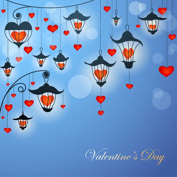 Tarjeta romántica de San Valentín con linternas y corazones en el crepúsculo — Vector de stock