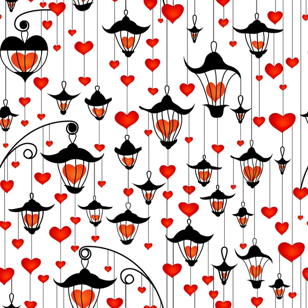 无缝壁纸灯笼与情人节的心 — 图库矢量图片