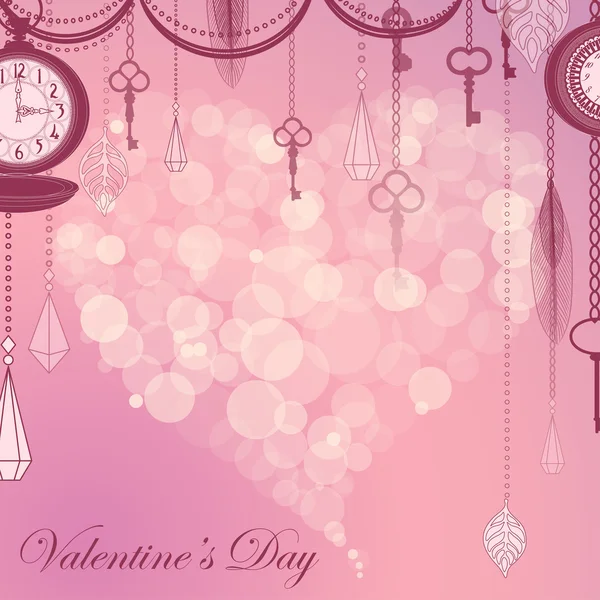 Tarjeta de San Valentín con corazón de bengala y relojes antiguos y llaves — Vector de stock