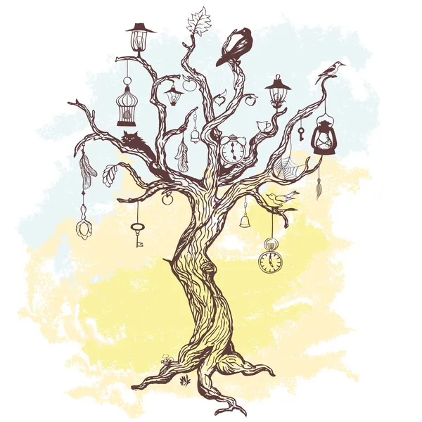 Fond grunge avec arbre magique écrit à la main — Image vectorielle