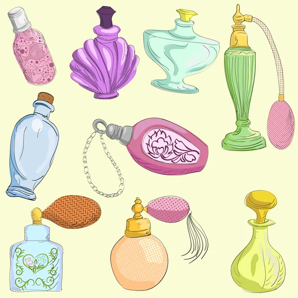 Set of doodle retro perfume bottles — Stock Vector