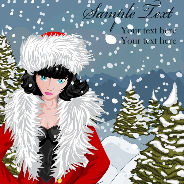 Winter achtergrond met meisje in Santa's kostuum — Stockvector