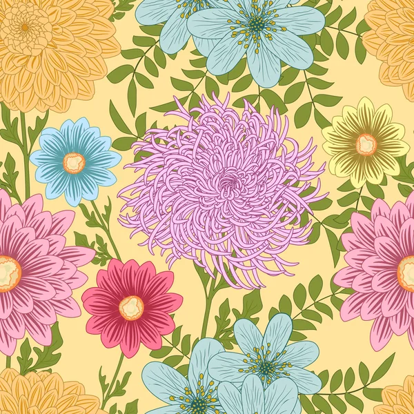 Summer seamless pattern with daisy, chrysanthemum and dahlia flowers — Stock Vector