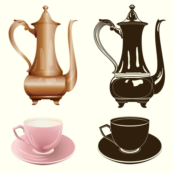 矢量茶具: 古色古香的茶壶和杯子在彩色和单色 — 图库矢量图片