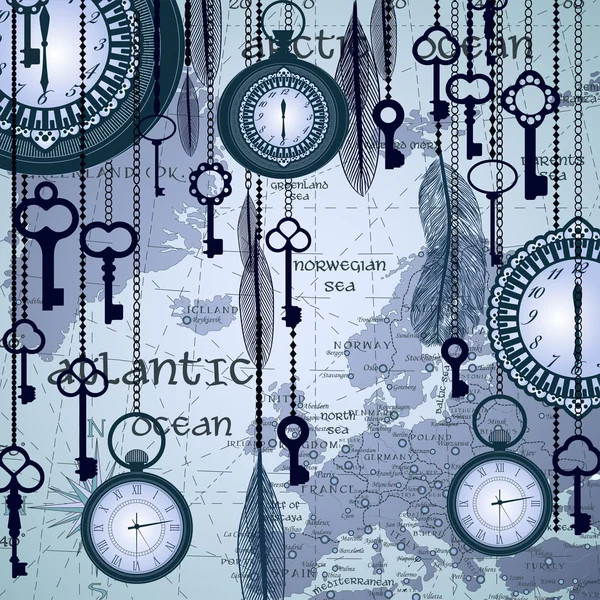 Fond antique avec carte et horloges — Image vectorielle