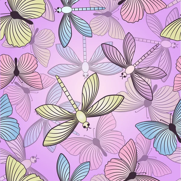 Sömlös bakgrund med fjärilar och trollsländor — Stock vektor