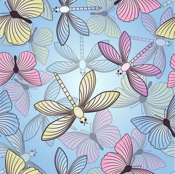 Seamless background with butterflies and dragonflies — Stok Vektör