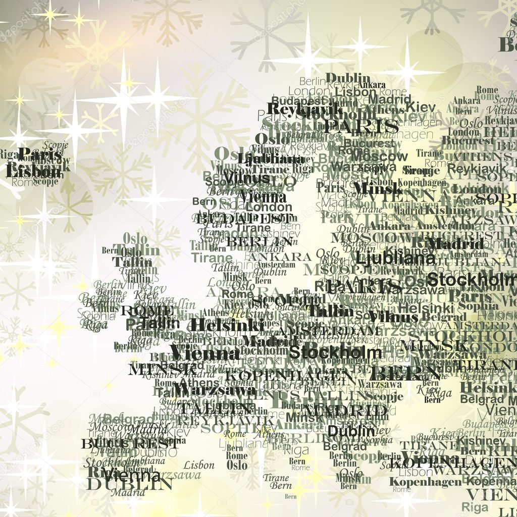Europe silhouette made from capitals names on Christmas background with glittering snowflakes