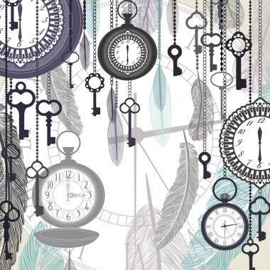 cep saatleri ve tüyler Vintage vektör arka plan