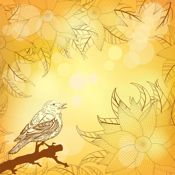 Autumnal yellow background with flowers and bird — Stock Vector