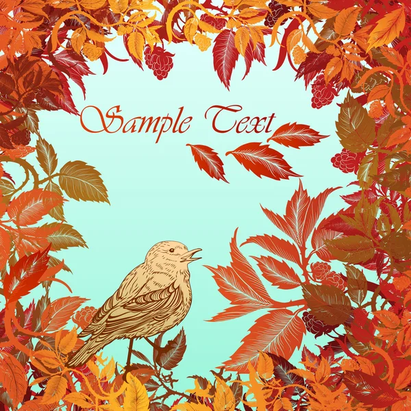 Φθινόπωρο ζωηρόχρωμο κλίμα με φύλλα και το πουλί — Διανυσματικό Αρχείο