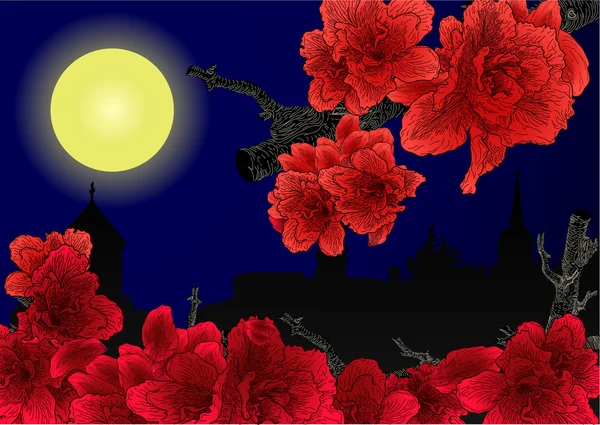 City in moonlight and red flowers — Stock Vector