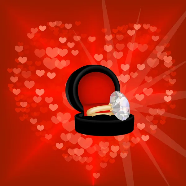 Fondo San Valentín con corazón rojo y anillo de diamantes — Vector de stock