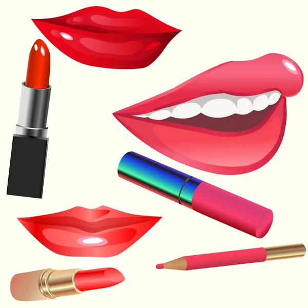 Conjunto de vectores labios sonrientes y lípticos — Vector de stock