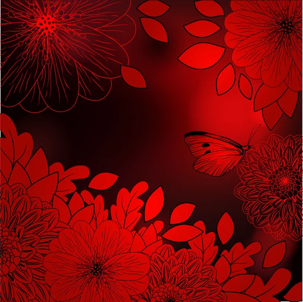 Fondo vector rojo profundo con flores estilizadas y mariposa — Archivo Imágenes Vectoriales