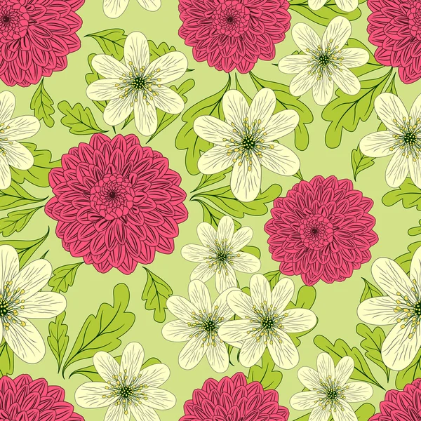 Summer seamless pattern with daisy and dahlia flowers — Stock Vector