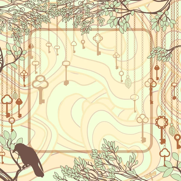 Винтажный фон с ветвями деревьев и старинными ключами — стоковый вектор