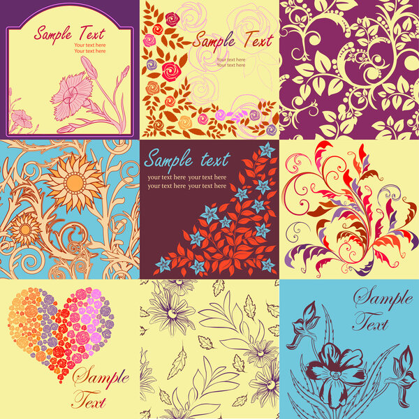 Set of retro floral backgrounds and seamless patterns