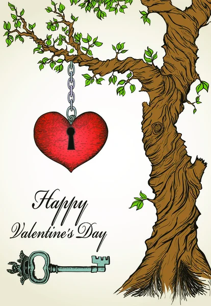 Tarjeta de San Valentín dibujada a mano con árbol y corazón — Archivo Imágenes Vectoriales