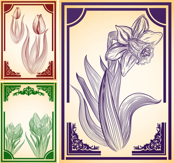 Set di sfondi con fiori disegnati a mano — Vettoriale Stock