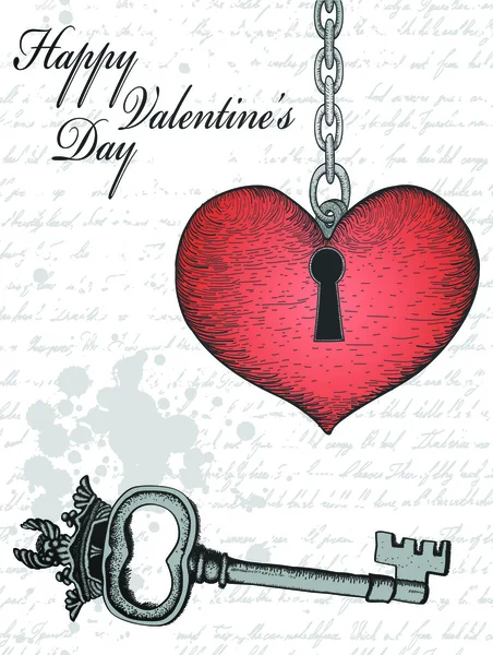 Vintage valentine card with hand-written heart and key — Stock Vector
