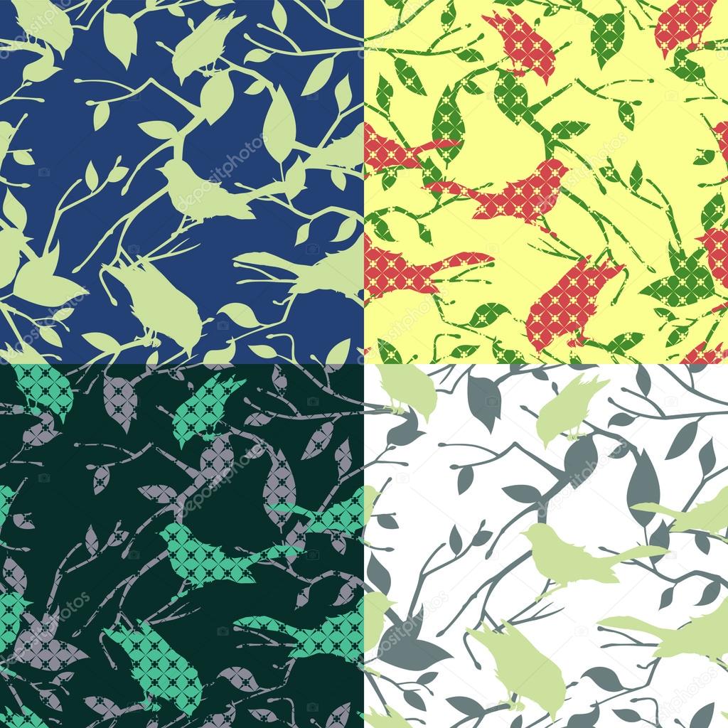 Set of four seamless patterns with birds and tree branches