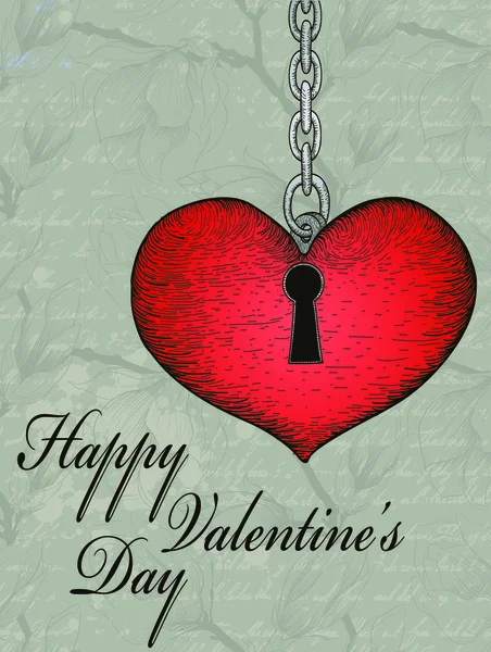 Vintage valentine card with hand-written heart and key — Stock Vector