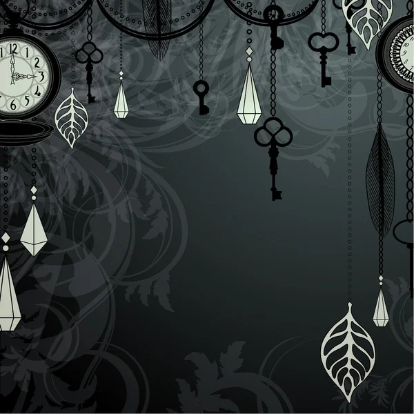 ビンテージの暗い背景の旧式な時計とキー — ストックベクタ