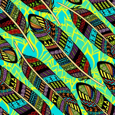 Vector seamless pattern with etno ornate colorful feathers clipart