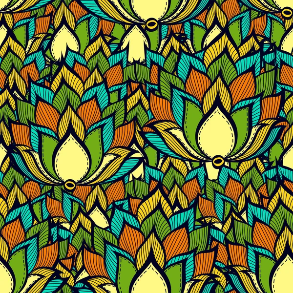 Retro-Muster mit grünen, handgezeichneten Blumen — Stockvektor