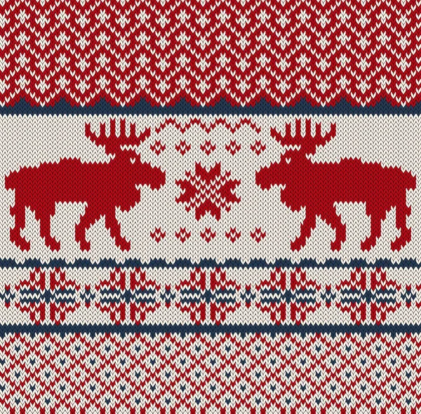 Gestrickter Hintergrund mit WeihnachtsHirschen und Schneeflocke — Stockvektor