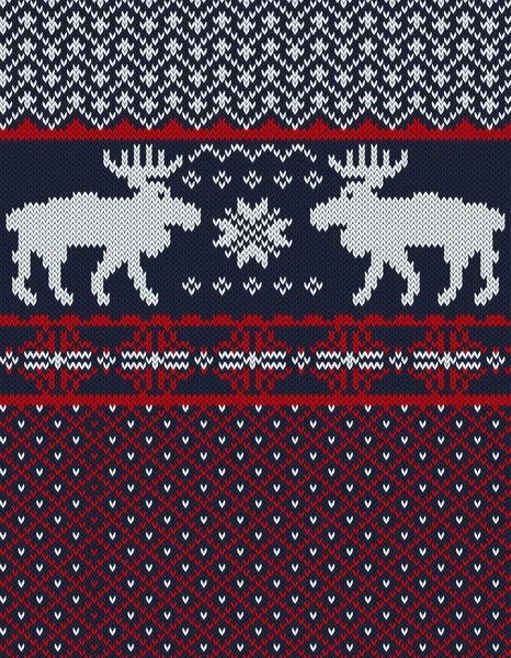 Gestrickter Hintergrund mit WeihnachtsHirschen und Schneeflocke — Stockvektor