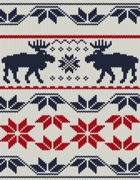 Pletené pozadí s vánoční jelenů a sněhové vločky — Stockový vektor