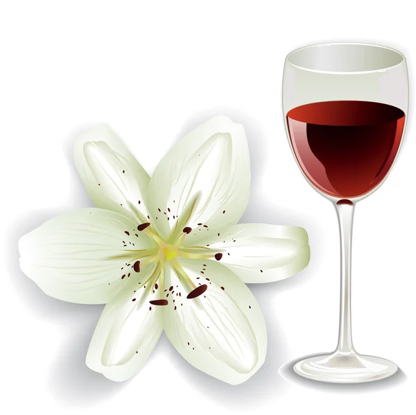 Vector white lily and glass of red wine — Stock Vector