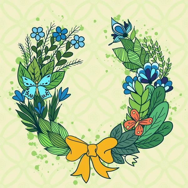 Handdrawn floral στεφάνι με μπλε λουλούδια — Διανυσματικό Αρχείο