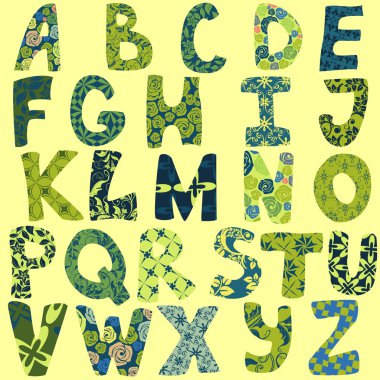 Funny alphabet made of patches for scrapbooking clipart