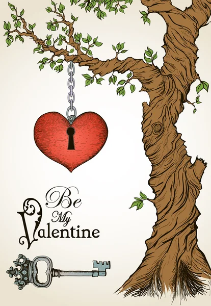 Tarjeta de San Valentín con un corazón colgado de un árbol y llave antigua — Archivo Imágenes Vectoriales