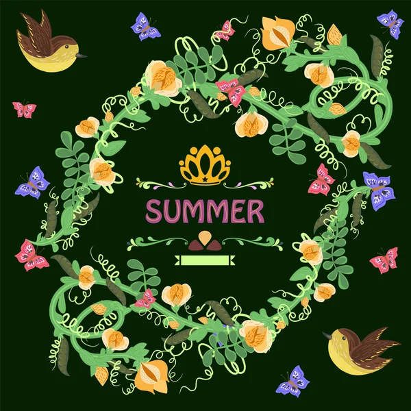 Cadre floral doodle rétro avec pois doux et fleurs — Image vectorielle