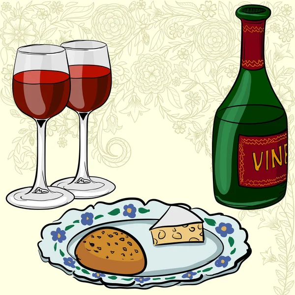 Vector drawing of wine and glasses — Stock Vector