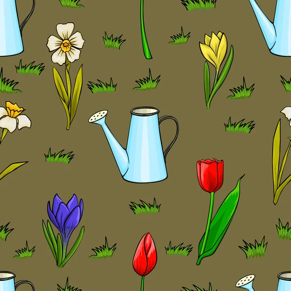 Vecteur dessin animé jardinage motif sans couture avec des fleurs de printemps — Image vectorielle
