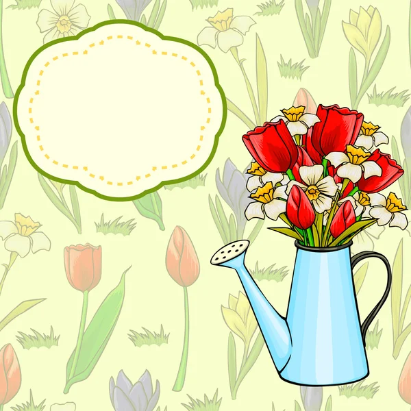 Векторна мультяшна поливальна банка з купою весняних квітів — стоковий вектор