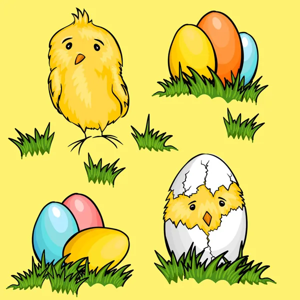 Easter cartoon chicks and eggs in green fresh grass — Stock Vector